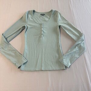 Wild Fable Womens XS Sage Green Ribbed Henley Long Sleeve Scoop Neck Top